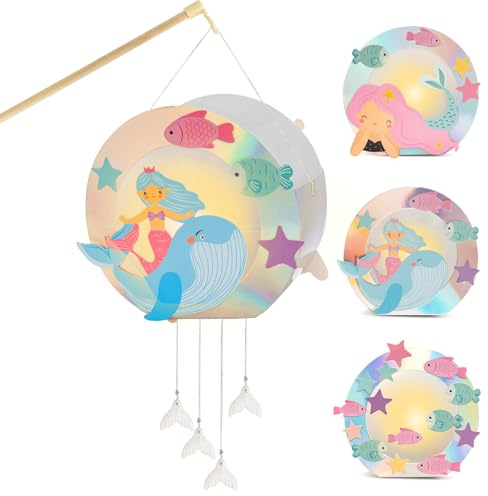 4 Stück LED Meerjungfrau Laternen Bastelset für Kinder, Martinslaternen, Bastelmaterial für eine Laterne, Papierlaternen Bastelset für St Martin, Halloween, Kostümpartys, Weihnachten, Kinderpartys
