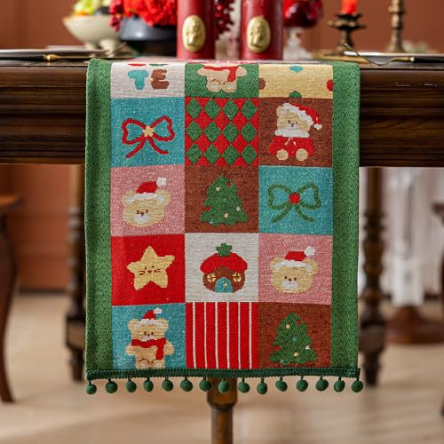 Ausing Weihnachts-Patchwork-Tischläufer 35 × 180 cm Niedliche grüne Weihnachts-Tischdekoration Dinnerparty