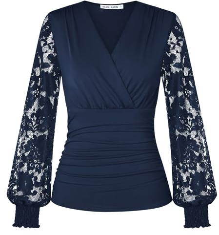 GRACE KARIN Women’s Long Sleeve Tops Lace Ruched Wrap Blouses Shirts | Dressy Casual Top with Long Lace Sleeves, Ruched Surplice V-Neck Blouse, Stretchy Hip Length Shirt, Elegant Tops for Women UK