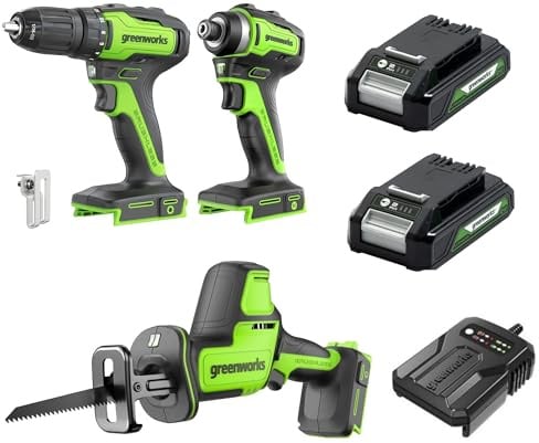 Greenworks 24V 3‑teiliges Akkutool-Set, bestehend aus Akkuschrauber (35 Nm), Akku-Schlagschrauber (220 Nm), Mini Akku-Säbelsäge, 2 Akkus und einem Ladegerät