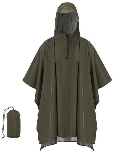 Huayuzh Poncho de lluvia ligero impermeable para hombre, chubasquero para mujer, transpirable, con capucha, senderismo, camping, bicicleta, chubasquero, Verde militar., Talla única