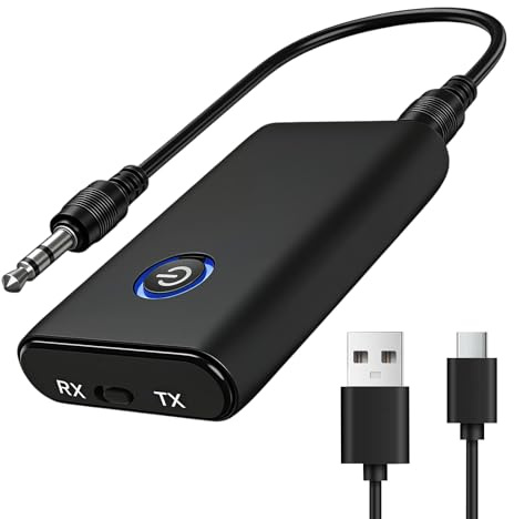 Bluetooth 5.3 Transmitter Receiver Bluetooth Audio 2-in-1 Adapter | 3.5mm Jack for TV to Wireless Headphones Low Latency Noise Cancellation for PC Airplane Speaker Home Stereo Long Battery Life