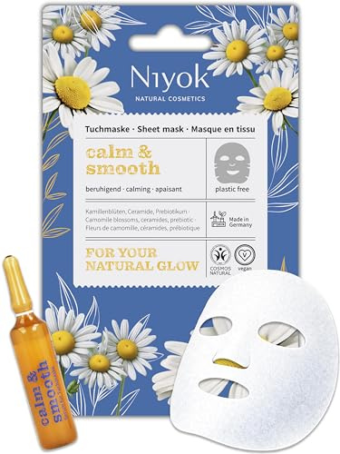 Niyok Beruhigende Tuchmaske für empfindliche Haut mit Kamille & Ceramiden „Calm & Smooth“ | Gesichtsmaske aus kompostierbarer Pflanzenfaser | Vegan | COSMOS NATURAL | Made in Germany | Mit Kamille & Ceramiden, COSMOS NATURAL, kompostierbare Pflanzenfaser, Made in Germany, für empfindliche Haut
