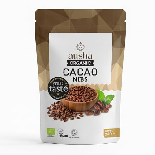 Ausha Organic Raw Cacao Nibs 200g - 1* GREAT TASTE AWARD 2024 - UK Certified Organic by Soil Association