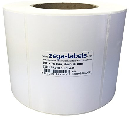 Inkjet Etiketten auf Rolle - 102 x 76 mm - 830 Stück je Rolle - Kern: 76 mm - Papier weiss glänzend - aussen gewickelt - permanent haftend - Druckverfahren: Ink Jet (Rollen Tintenstrahl Drucker)