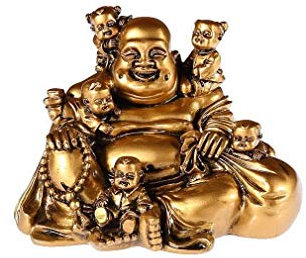 lachineuse - Lachende Buddha-Statue mit 5 Kindern - 14 cm, goldfarben - Feng Shui-Dekoration - Chinesisches Zen-Dekorationsobjekt für Innenbereich, Wohnzimmer - Geschenkidee China Asien Viel Glück