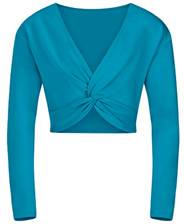 tanzmuster ® Kinder Ballett Langarm Top - Mia - mit Twist (Wickeloptik) - aus sehr weichem und festem Baumwollstoff - in Petrol, Größe:140/146
