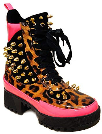 Toocool - Scarpe Donna Stivali Anfibi Borchie leopardati carrarmato Q2AX1946-6 [36,Fuxia]