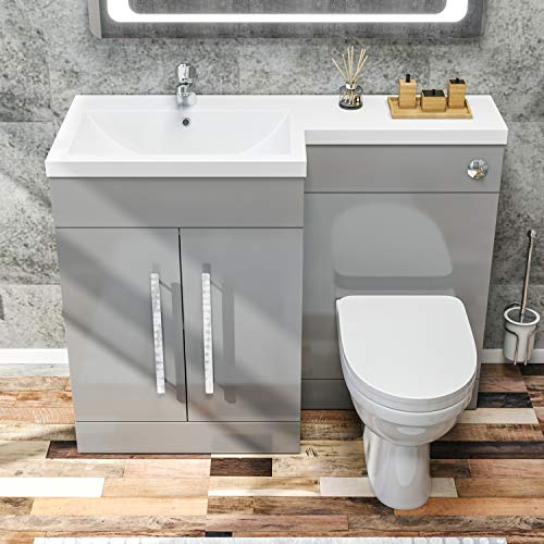 ELEGANT 1100mm L Shape Bathroom Vanity Sink Unit Furniture Storage,Left Hand Matte Grey Vanity unit + Basin + Ceramic D shaped Toilet with Concealed Cistern