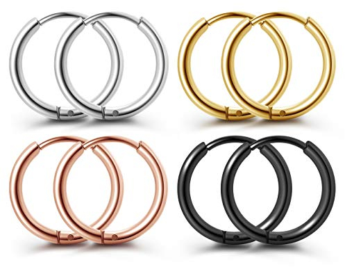 PiercingJak Chirurgenstahl Creolen Ohrringe Set Huggie Hoop Ring 8mm Kleine Klappcreolen Silber Schwarz Gold Rosegold Ohrpiercing Ringe Ohrschmuck, 4 Paare