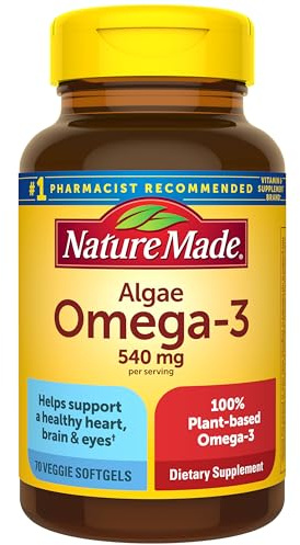 Nature Made Algae Oil Omega 3 Supplement 540mg, Omega 3 Fish Oil Alternative, 70 Veggie Softgels, Sustainable, Plant-Based, for Healthy Heart, Brain, and Eye Support, 70 Softgels