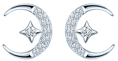 MICSAVI Orecchini Stella Luna Argento 925 con Zirconi, Orecchini a Bottone Stelle Mezzaluna da Donna Ragazze