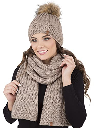 VIVISENCE Trendiger Damen Winter Set Aus Bommelmütze Mit Schal Aus Wärmendem Garn Mit Vlies-Innenfutter Antistatische Perfekte Passform Für Kalte Wintertage Modisches Design, Beige,Einheitsgröße