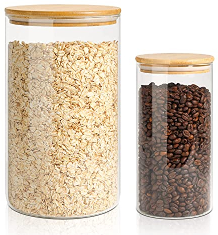 ComSaf 4100ml/1300ml Glass Jar with Bamboo Lid, Glass Food Storage Container with Airtight Lid, Clear Glass Food Canister Set of 2 for Dry food like Rice, Sugar, Flour, Pasta, Cereal, Beans, Nuts
