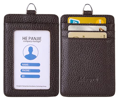 Cow Leather ID Badge Holder with Lanyard(Full Grain Leather,3*4.5),1 Clear ID Window and 3 Card Slots, Nylon Neck Lanyard with rotatable and Removable Metal Clasp, Vertical Name Badge Holders