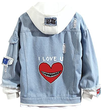 Lpstop Neuheit Rotes Herz Jeansjacke Liebesherz mit Smile Teeth Print Hoodie Y2K Jacke für Damen Herren