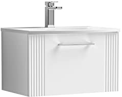 nuie DPF194G Deco Modern Bathroom Wall Hung 1 Drawer Part Fluted Vanity Basin Unit with Curved Ceramic Basin, 600mm, Satin White