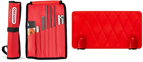 Oregon Universal-Kettensägen-Feilensatz, Kettensägen Schärfgerät Wartungssatz für Sicheres, Akku, Effizienteres Kettensägen schneiden (617067), Rot – gerollte Tasche & 90610 Schärfgitter 25/30°
