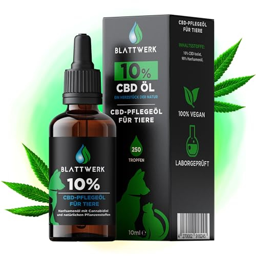Blattwerk360 10% CBD Öl für Hunde & Katzen - FÜR GROß & KLEIN - Hanföl für Hunde & Katzen - Deutsche Qualitätsmarke - Cannabis Öl - CBD Öl Hund 10 Prozent - 10ml - 250 CBD Tropfen