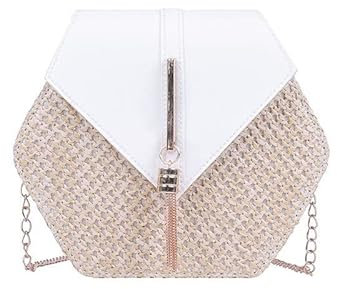 JAKMET Sac Paille,Sacs à Main Paille + Cuir Sac à Main Femmes été Sac en rotin tissé à la Main Plage Cercle Sac à bandoulière (Color : White)