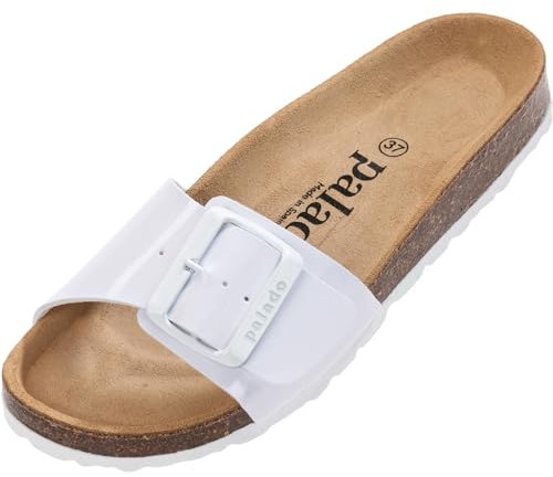 Palado Pantoletten Damen Malta EGS Lack – bequeme Sandalen Made in Spain - Hausschuhe mit dämpfendem Kork-Fußbett - modische Sommerschuhe Weiß/Weiß UK9 - EU42