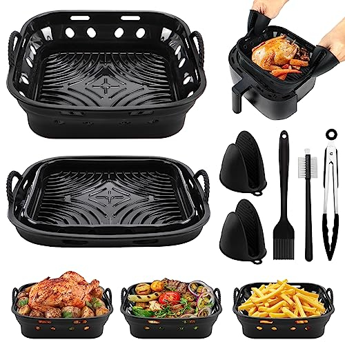 Foenwoen 22cm Accessori Friggitrice ad Aria in Silicone, 2 Teglie Compatibili con COSORI 5,5L, 2 Presina, Pennello, Pinze da Cucina,Spazzola per Piatti(Nero)