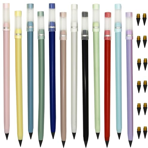 Maydahui Ewiger Bleistift, tintenlos, ewiger Bleistift mit Radiergummi, magischer Bleistift, Unendlichkeit, wiederverwendbarer Bleistift mit 12 austauschbaren Spitzen, Macaron Morandi Farben für