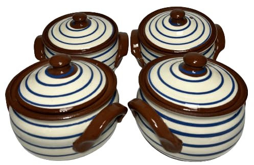 etara Wein&Feinkost Kollektion/Tontopf, Bräter, Schmortopf mit Deckel, Güvec, Brottopf, Joghurttopf, Keramik, bulgarische Tradition, hochwertige Handarbeit (Weiß - blaue Spirale, 3 Liter)
