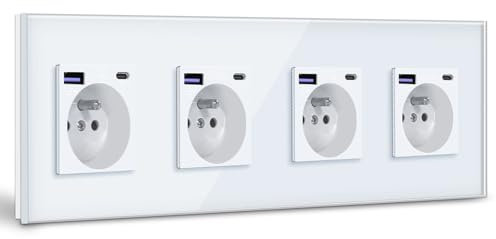 BSEED Quadruple Prise Murale avec USB C,Prise de courant à Encastrer,16A Prise de Courant Alternatif avec Panneau en Verre,Chargeur Rapide Multiprises avec 1USB C 20W,Idéal pour Maison,Bureau-Blanc