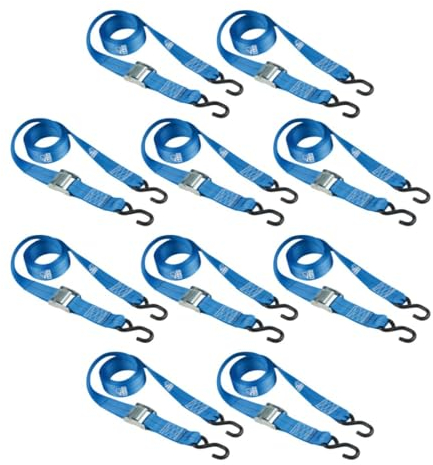 BASI | 10er Set Spanngurte mit Klemmschloss und S-Haken | bis 125 KG | Zurrgurte in blau | Länge 200 cm x Breite 2,5 cm | Befestigungsriemen | TÜV geprüft | Expander mit Schnappverschluss | 10 Stück
