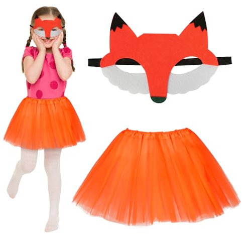 Fennoral 2tlg Fuchs Kostüm Mädchen Orange Tutu Rock mit Fuchs Maske Fox Cosplay Tierkostüm Waldtier Kinderkostüm für Karneval Halloween Fasching Mottoparty Kindergeburtstag