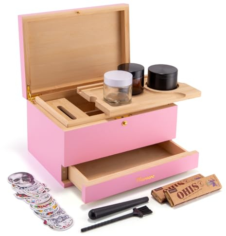Marvero Premium Large Stash Box Set with Rolling Tray - Decorative Box for Herbs - Smell Proof - Removable Tray with Glass Jar and Grid (pink)