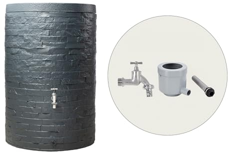 GARANTIA Muro Regentonne Komplett-Set 420 Liter Graphite Grey inkl. Chrom-Auslaufhahn und Fallrohranschluss - Wassertank, Regenfass, Tonne mit Deckel, Regenwassertonne, Wasserbehälter, Fass