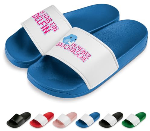 Delfin in meiner Bauchtasche Badelatschen | Slipper | Schlappen | Hausschuhe | Pantoletten | Unisex | Urlaub | Malle | JGA | rutschfest | Blau | Größe 38