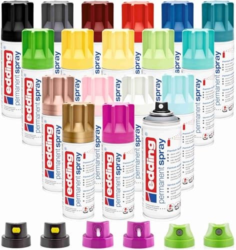 Sprühdosen Set Edding 18 Knaller Farben Premium Spray - matt - Sprühlack für Dekor-Arbeiten + Ersatzsprühköpfe - trocknet sehr schnell, hält dauerhaft