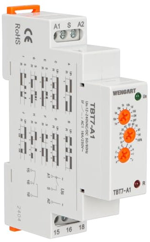Wengart Relé de tiempo de retardo TBT7-A1,1SPDT Relé de tiempo de 10 funciones con indicadores LED, ACDC12-240V, Adecuado para ocasiones que requieren una variedad de funciones de control de retardo