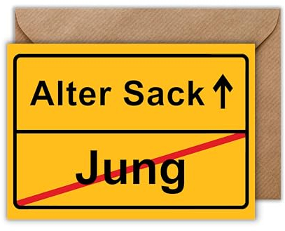 WBdesignz Geburtstag Karte mit Umschlag - Lustige Geburtstagskarte “Ortsausgangsschild Jung - Alter Sack” Glückwunschkarte Geschenkkarte zum Geburtstag (DIN A6)