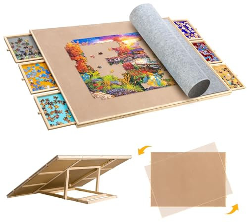 Becko US 2-in-1 Tilting & Rotating Puzzle Board 2000 pieces, Wooden Jigsaw Puzzle Table with 6 Colorful Drawers & Cover Mat, Adjustable Tables with Storage for Adults, with Premium Flannel Tabletop