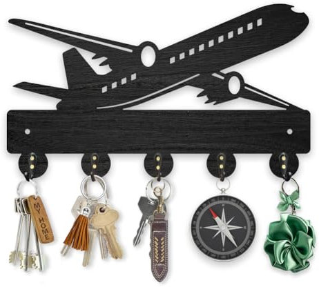 MAYJOYDIY Kleiderhaken Aus Holz In Flugzeugform Wandmontage 30x17.3cm Flugzeug Schlüsselhalter Dekorativer Schwarzer Schlüsselaufhänger 5 Haken Aus Legierung Für Eingangsbereich Wohnzimmer Büro