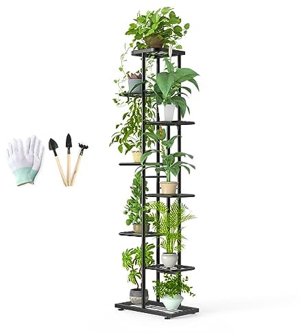 MAIJIAJU 8 Etagen Blumenständer Metall Schwarz mit Gartengeräte und Handschuhe, 141cm Ecke Blumenregal Pflanzenregal Indoor Outdoor, Mehrere Blumentreppe Pflanzenständer für Balkon Garten Wohnzimmer