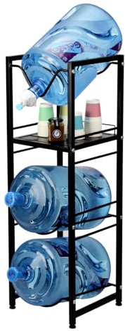 DIICCYO Wasserkrughalter für 3 Flaschen mit Zapfen-Aufbewahrungsregal, 4 Ebenen, robuster Wasserspender-Ständer, Wasserflaschenregal, Organizer für Zuhause, Küche, Büro, Wohnzimmer, Schwarz