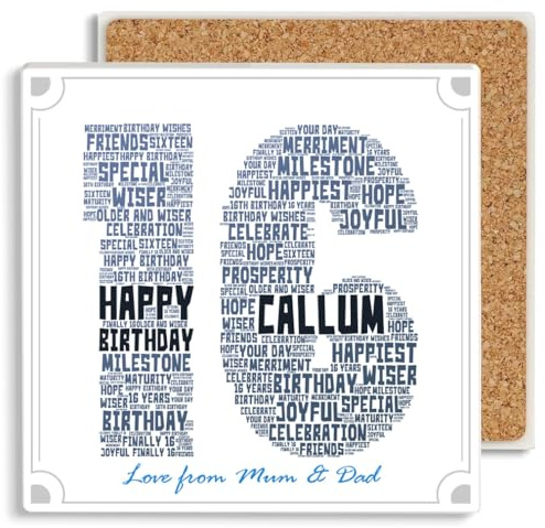PREZZIFY Ceramic 16th Birthday Personalised Word Art Drinks Coaster. Any Name & Message. 16 Sixteen Year Birthday Gift for Boy Girl, Son Daughter