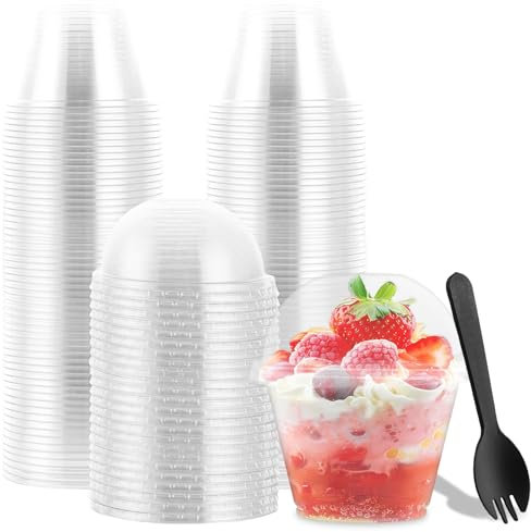 LDXDRU Lot de 100 gobelets à dessert en plastique avec couvercle, 180 ml, avec cuillères, bols à dessert transparents, réutilisables, verres à dessert, verres à dessert en plastique avec couvercle