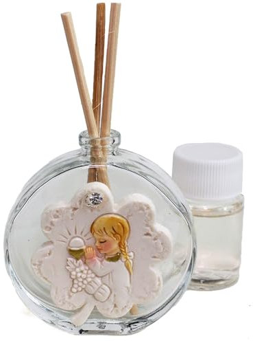 DLM-A482 Bomboniere 12 Profumatori in vetro linea Quadrifoglio portafortuna Bimba Calice Comunione Grappolo d'uva e spighe di grano 12 profumi e 12 scatole Comunione bambina cm 7x6 da 50 ml