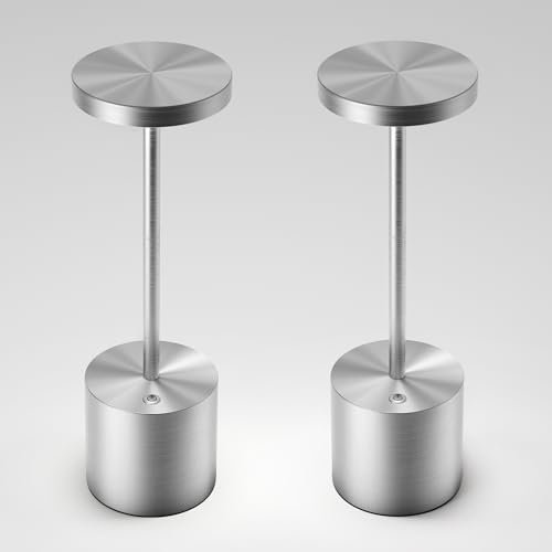 JALVDE Cordless Table Lamps Rechargeable - Outdoor Portable LED Table Light 5000mAh Battery Operated Lamp 3 Color Stepless Dimming with Memory Function for Restaurant Dining Patio 2Pack Silver