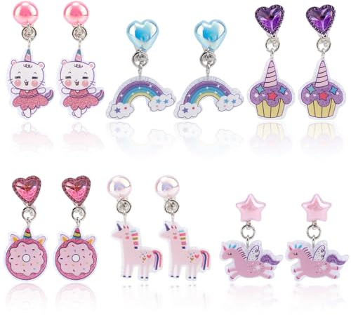 Mikovivi 6 Pairs Colorful Clip on Drop Earrings Set, Resin No Pierced Design Kids Child Dangle Earrings Cute Butterfly Ear Clips for Children Toddler Party Daily Wearing Princess Jewelry