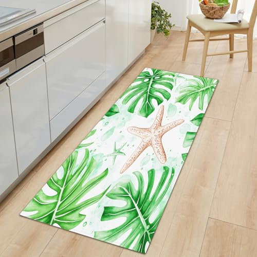 Genérico Alfombras Largas 60 x 180 cm para Pasillo, Alfombra Estrecha Antideslizante Multicolor, Lavable Hoja de Monstera Estrella de Mar en Acuarela para Escaleras, Cocina, Entrada y Corredor