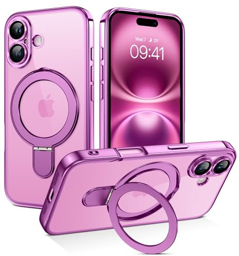 BENTOBEN Magnetic Case for iPhone 16 Plus[Compatible with MagSafe], Adjustable Ring Stand Full Camera Lens Protector Clear Anti-yellow Military Drop Protection Shockproof Case for iPhone 16 Plus,Pink