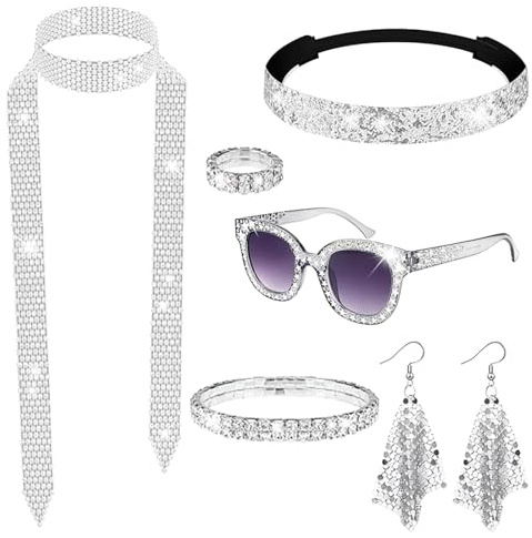 MOSNOW 7 Stück 70s Disco Zubehör, Silber Abba Zubehör Frauen mit langem Schal, Paillette Stirnband, Ring, Bling Sonnenbrille, Ohrringe, Armband. Disco Kostüm Set für 70/80er Jahre Retro Themenparty