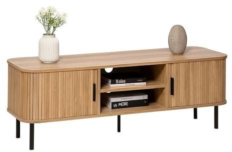 Meuble TV Bois Clair avec Portes Coulissantes – Design Industriel et Élégant – pour Télévision Jusqu’à 140 cm – Rangement Salon Fonctionnel – Meuble Télé Moderne Chêne Clair - H55 x L140 x P40cm